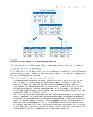 Data Pa rtitioning Guida nce

201

Corporate data domain
Key

Name

Description Price

ARC1 Arc welder
BRK8
Bracket
BRK9
Bracket
HOS8
Hose
WGT4 Widget
WGT6 Widget

250 Amps
250mm
400mm
1/2"
Green
Purple

...

119.00
5.66
6.98
27.50
13.99
13.99

...
...
...
...
...
...

Key Customer

Key

Name

ARC1 Arc welder
BRK8
Bracket
BRK9
Bracket
HOS8
Hose
WGT4 Widget
WGT6 Widget

Address

Phone ...

1630
1631
1648
1842
2055
2139

[address]
[address]
[address]
[address]
[address]
[address]

12345
12345
12345
12345
12345
12345

Description Price
250 Amps
250mm
400mm
1/2"
Green
Purple

119.00
5.66
6.98
27.50
13.99
13.99

[name]
[name]
[name]
[name]
[name]
[name]

...
...
...
...
...
...

...

Key Customer

Address

Phone ...

...
...
...
...
...
...

1630
1631
1648
1842
2055
2139

[address]
[address]
[address]
[address]
[address]
[address]

12345
12345
12345
12345
12345
12345

[name]
[name]
[name]
[name]
[name]
[name]

...
...
...
...
...
...

Figure 3
Functional partitioning separates data by bounded context or subdomain

This partitioning strategy can help to reduce data access contention across different parts of the system.

Designing Partitions for Scalability
It is vital to consider size and workload for each partition and balance them so that data is distributed to
achieve maximum scalability. However, you must also partition the data so that it does not exceed the vertical scaling limits of a single partition store.
Follow these steps when designing the partitions for scalability:
1.	 Analyze the application to understand the data access patterns, such as size of each query, the frequency of access, the inherent latency, and the compute processing requirements such as stored
procedures. In many cases, a few major entities will demand most of the processing resources.
2.	 Based on the analysis, determine the current and future scalability targets such as data size and workload, and distribute the data across the partitions to meet the scalability target. In the horizontal
partitioning strategy, choosing the appropriate shard key is important to make sure distribution is even.
For more information see the Sharding Pattern.
3.	 Make sure that the resources available to each partition are sufficient to handle the scalability requirements in terms of data size and throughput. For example, the node hosting a partition might impose a
hard limit on the amount of storage space, processing power, or network bandwidth that it provides. If
the data storage and processing requirements are likely to exceed these limits it may be necessary to
refine your partitioning strategy or split data out further. For example, one scalability approach might
be to separate logging data from the core application features by using separate data stores to prevent
the total data storage requirements exceeding the scaling limit of the node. If the total number of data
stores exceeds the node limit, it may be necessary to use separate storage nodes.

 