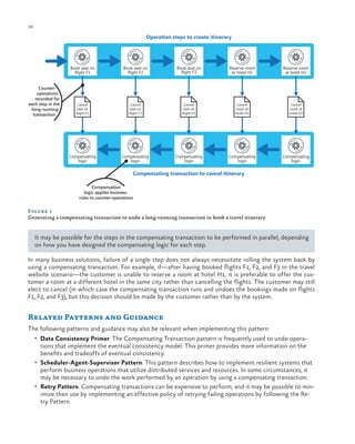 26

ch a pter one

Operation steps to create itinerary

Book seat on
flight F1

Book seat on
flight F3

Reserve room
at hotel H1

Reserve room
at hotel H2

Cancel
seat on
flight F1

Cancel
seat on
flight F2

Cancel
seat on
flight F3

Cancel
room at
hotel H1

Cancel
room at
hotel H2

Compensating
logic

Counter
operations
recorded for
each step in the
long-running
transaction

Book seat on
flight F2

Compensating
logic

Compensating
logic

Compensating
logic

Compensating
logic

Compensating transaction to cancel itinerary
Compensation
logic applies business
rules to counter-operations

Figure 1
Generating a compensating transaction to undo a long-running transaction to book a travel itinerary

It may be possible for the steps in the compensating transaction to be performed in parallel, depending
on how you have designed the compensating logic for each step.
In many business solutions, failure of a single step does not always necessitate rolling the system back by
using a compensating transaction. For example, if—after having booked flights F1, F2, and F3 in the travel
website scenario—the customer is unable to reserve a room at hotel H1, it is preferable to offer the customer a room at a different hotel in the same city rather than cancelling the flights. The customer may still
elect to cancel (in which case the compensating transaction runs and undoes the bookings made on flights
F1, F2, and F3), but this decision should be made by the customer rather than by the system.

Related Patterns and Guidance
The following patterns and guidance may also be relevant when implementing this pattern:
•	 Data Consistency Primer. The Compensating Transaction pattern is frequently used to undo opera-

tions that implement the eventual consistency model. This primer provides more information on the
benefits and tradeoffs of eventual consistency.
•	 Scheduler-Agent-Supervisor Pattern. This pattern describes how to implement resilient systems that
perform business operations that utilize distributed services and resources. In some circumstances, it
may be necessary to undo the work performed by an operation by using a compensating transaction.
•	 Retry Pattern. Compensating transactions can be expensive to perform, and it may be possible to minimize their use by implementing an effective policy of retrying failing operations by following the Retry Pattern.

 