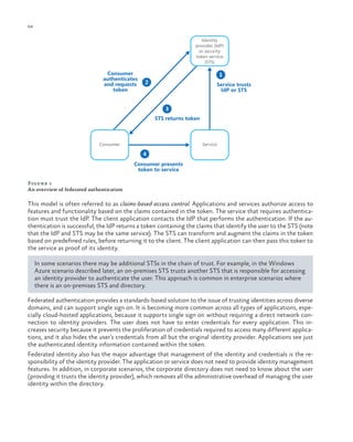 68

ch a pter one
Identity
provider (IdP)
or security
token service
(STS)

Consumer
authenticates
and requests
token

1
2

Service trusts
IdP or STS
3
STS returns token

Consumer

Service

4
Consumer presents
token to service
Figure 1
An overview of federated authentication

This model is often referred to as claims-based access control. Applications and services authorize access to
features and functionality based on the claims contained in the token. The service that requires authentication must trust the IdP. The client application contacts the IdP that performs the authentication. If the authentication is successful, the IdP returns a token containing the claims that identify the user to the STS (note
that the IdP and STS may be the same service). The STS can transform and augment the claims in the token
based on predefined rules, before returning it to the client. The client application can then pass this token to
the service as proof of its identity.
In some scenarios there may be additional STSs in the chain of trust. For example, in the Windows
Azure scenario described later, an on-premises STS trusts another STS that is responsible for accessing
an identity provider to authenticate the user. This approach is common in enterprise scenarios where
there is an on-premises STS and directory.
Federated authentication provides a standards-based solution to the issue of trusting identities across diverse
domains, and can support single sign on. It is becoming more common across all types of applications, especially cloud-hosted applications, because it supports single sign on without requiring a direct network connection to identity providers. The user does not have to enter credentials for every application. This increases security because it prevents the proliferation of credentials required to access many different applications, and it also hides the user’s credentials from all but the original identity provider. Applications see just
the authenticated identity information contained within the token.
Federated identity also has the major advantage that management of the identity and credentials is the responsibility of the identity provider. The application or service does not need to provide identity management
features. In addition, in corporate scenarios, the corporate directory does not need to know about the user
(providing it trusts the identity provider), which removes all the administrative overhead of managing the user
identity within the directory.

 
