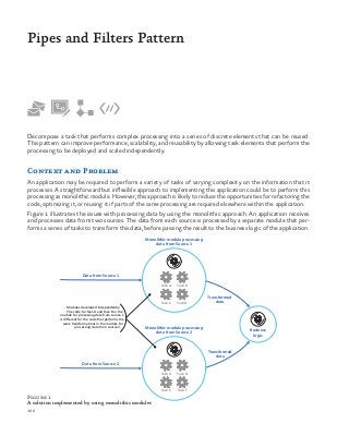 100
Decompose a task that performs complex processing into a series of discrete elements that can be reused.
This pattern can improve performance, scalability, and reusability by allowing task elements that perform the
processing to be deployed and scaled independently.
Context and Problem
An application may be required to perform a variety of tasks of varying complexity on the information that it
processes. A straightforward but inflexible approach to implementing this application could be to perform this
processing as monolithic module. However, this approach is likely to reduce the opportunities for refactoring the
code, optimizing it, or reusing it if parts of the same processing are required elsewhere within the application.
Figure 1 illustrates the issues with processing data by using the monolithic approach. An application receives
and processes data from two sources. The data from each source is processed by a separate module that per-
forms a series of tasks to transform this data, before passing the result to the business logic of the application.
Pipes and Filters Pattern
Modules developed independently.
The code for Task A and Task B in the
module for processing data from source 1
is different for the code that performs the
same transformations in the module for
processing data from source 2.
Task A
Monolithic module processing
data from Source 2
Monolithic module processing
data from Source 1
Data from Source 2
Data from Source 1
Transformed
data
Transformed
data
Task A Task B
Task C Task D
Task A Task B
Task E Task F
Business
logic
Figure 1
A solution implemented by using monolithic modules
 