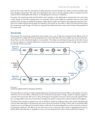 101Pipes and Filters Pattern
Some of the tasks that the monolithic modules perform are functionally very similar, but the modules have
been designed separately. The code that implements the tasks is closely coupled within a module, and this
code has been developed with little or no thought given to reuse or scalability.
However, the processing tasks performed by each module, or the deployment requirements for each task,
could change as business requirements are amended. Some tasks might be compute-intensive and could
benefit from running on powerful hardware, while others might not require such expensive resources. Fur-
thermore, additional processing might be required in the future, or the order in which the tasks performed by
the processing could change. A solution is required that addresses these issues, and increases the possibilities
for code reuse.
Solution
Decompose the processing required for each stream into a set of discrete components (or filters), each of
which performs a single task. By standardizing the format of the data that each component receives and emits,
these filters can be combined together into a pipeline. This helps to avoid duplicating code, and makes it easy
to remove, replace, or integrate additional components if the processing requirements change. Figure 2 shows
an example of this structure.
Figure 2
A solution implemented by using pipes and filters
The time taken to process a single request depends on the speed of the slowest filter in the pipeline. It is pos-
sible that one or more filters could prove to be a bottleneck, especially if a large number of requests appear in
a stream from a particular data source. A key advantage of the pipeline structure is that it provides opportunities
for running parallel instances of slow filters, enabling the system to spread the load and improve throughput.
The filters that comprise a pipeline can run on different machines, enabling them to be scaled independently
and can take advantage of the elasticity that many cloud environments provide. A filter that is computationally
intensive can run on high performance hardware, while other less demanding filters can be hosted on commod-
ity (cheaper) hardware. The filters do not even have to be in the same data center or geographical location,
which allows each element in a pipeline to run in an environment that is close to the resources it requires.
Components
reused in
different
pipelines
Transformed
data
Transformed
data
Task A Task B Task E Task F
Business
logic
Data from
Source 2
Task A Task B Task C Task D
Data from
Source 1
 