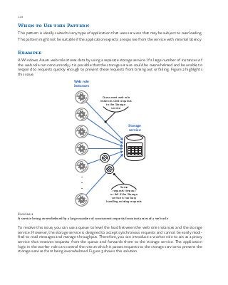 118 chapter one
When to Use this Pattern
This pattern is ideally suited to any type of application that uses services that may be subject to overloading.
This pattern might not be suitable if the application expects a response from the service with minimal latency.
Example
A Windows Azure web role stores data by using a separate storage service. If a large number of instances of
the web role run concurrently, it is possible that the storage service could be overwhelmed and be unable to
respond to requests quickly enough to prevent these requests from timing out or failing. Figure 2 highlights
this issue.
Concurrent web role
instances send requests
to the Storage
service
Some
requests timeout
or fail if the Storage
service is too busy
handling existing requests
Web role
instances
Storage
service
.
.
.
Figure 2
A service being overwhelmed by a large number of concurrent requests from instances of a web role
To resolve this issue, you can use a queue to level the load between the web role instances and the storage
service. However, the storage service is designed to accept synchronous requests and cannot be easily modi-
fied to read messages and manage throughput. Therefore, you can introduce a worker role to act as a proxy
service that receives requests from the queue and forwards them to the storage service. The application
logic in the worker role can control the rate at which it passes requests to the storage service to prevent the
storage service from being overwhelmed. Figure 3 shows this solution.
 