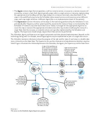 133Scheduler Agent Supervisor Pattern
•	 The Agent contains logic that encapsulates a call to a remote service, or access to a remote resource ref-
erenced by a step in a task. Each Agent typically wraps calls to a single service or resource, implementing
the appropriate error handling and retry logic (subject to a timeout constraint, described later). If the
steps in the workflow being run by the Scheduler utilize several services and resources across different
steps, each step might reference a different Agent (this is an implementation detail of the pattern).
•	 The Supervisor monitors the status of the steps in the task being performed by the Scheduler. It runs
periodically (the frequency will be system-specific), examines the status of steps as maintained by the
Scheduler. If it detects any that have timed out or failed, it arranges for the appropriate Agent to re-
cover the step or execute the appropriate remedial action (this may involve modifying the status of a
step). Note that the recovery or remedial actions are typically implemented by the Scheduler and
Agents. The Supervisor should simply request that these actions be performed.
The Scheduler, Agent, and Supervisor are logical components and their physical implementation depends on the
technology being used. For example, several logical agents may be implemented as part of a single web service.
The Scheduler maintains information about the progress of the task and the state of each step in a durable data
store, referred to as the State Store. The Supervisor can use this information to help determine whether a step has
failed. Figure 1 illustrates the relationship between the Scheduler, the Agents, the Supervisor, and the State Store.
State Store
Remote
service
Scheduler
Supervisor
Remote
resourceAgent
AgentScheduler
maintains the
status of each step
in the State Store
as it is started
and completed
Supervisor requests
that a failed step
is reattempted by
the Scheduler
Supervisor
monitors the status
of steps in the State
Store and may update
the status of a step
Scheduler
organizes and
runs the steps that
comprise the task
as a workflow
A step in the workflow can
send a request to an Agent
to access a remote resource
or invoke a remote service.
Requests and responses are
typically sent asynchronously
Agent accesses remote
resource or service.
The agent should
include error handling
and retry logic
Figure 1
The actors in the Scheduler Agent Supervisor pattern
 