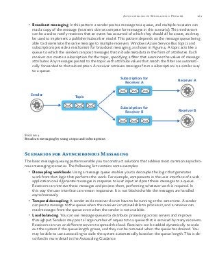 169Asynchronous Messaging Primer
•	 Broadcast messaging. In this pattern a sender posts a message to a queue, and multiple receivers can
read a copy of the message (receivers do not compete for messages in this scenario). This mechanism
can be used to notify receivers that an event has occurred of which they should all be aware, and may
be used to implement a publisher/subscriber model. This pattern depends on the message queue being
able to disseminate the same message to multiple receivers. Windows Azure Service Bus topics and
subscriptions provide a mechanism for broadcast messaging, as shown in Figure 4. A topic acts like a
queue to which the senders can post messages that include metadata in the form of attributes. Each
receiver can create a subscription for the topic, specifying a filter that examines the values of message
attributes. Any messages posted to the topic with attribute values that match the filter are automati-
cally forwarded to that subscription. A receiver retrieves messages from a subscription in a similar way
to a queue.
Topic
Sender
Receiver A
Subscription for
Receiver B Receiver B
Subscription for
Receiver A
Figure 4
Broadcast messaging by using a topic and subscriptions
Scenarios for Asynchronous Messaging
The basic message queuing patterns enable you to construct solutions that address most common asynchro-
nous messaging scenarios. The following list contains some examples:
•	 Decoupling workloads. Using a message queue enables you to decouple the logic that generates
work from that logic that performs the work. For example, components in the user interface of a web
application could generate messages in response to user input and post these messages to a queue.
Receivers can retrieve these messages and process them, performing whatever work is required. In
this way the user interface can remain responsive. It is not blocked while the messages are handled
asynchronously.
•	 Temporal decoupling. A sender and a receiver do not have to be running at the same time. A sender
can post a message to the queue when the receiver is not available to process it, and a receiver can
read messages from the queue even when the sender is not available.
•	 Load balancing. You can use message queues to distribute processing across servers and improve
throughput. Senders may post a large number of requests to a queue that is serviced by many receivers.
Receivers can run on different servers to spread the load. Receivers can be added dynamically to scale
out the system if the queue length grows, and they can be removed when the queue has drained. You
may be able to use autoscaling to scale the system automatically based on the queue length. This is de-
scribed in more detail in the Autoscaling Guidance.
 