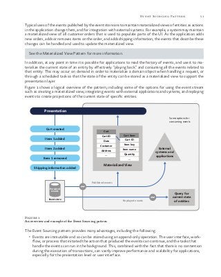 51Event Sourcing Pattern
Typical uses of the events published by the event store are to maintain materialized views of entities as actions
in the application change them, and for integration with external systems. For example, a system may maintain
a materialized view of all customer orders that is used to populate parts of the UI. As the application adds
new orders, adds or removes items on the order, and adds shipping information, the events that describe these
changes can be handled and used to update the materialized view.
See the Materialized View Pattern for more information.
In addition, at any point in time it is possible for applications to read the history of events, and use it to ma-
terialize the current state of an entity by effectively “playing back” and consuming all the events related to
that entity. This may occur on demand in order to materialize a domain object when handling a request, or
through a scheduled task so that the state of the entity can be stored as a materialized view to support the
presentation layer.
Figure 1 shows a logical overview of the pattern, including some of the options for using the event stream
such as creating a materialized view, integrating events with external applications and systems, and replaying
events to create projections of the current state of specific entities.
Presentation
External
systems and
applications
Shipping information added
Cart created
Item 1 added
Item 2 added
Item 1 removed
Materialized View
Address
Date
Cart ID
Customer
...
Cart
Quantity
Item key
Cart ID
Item name
...
Cart Item
Some options for
consuming events
Published events
Query for
current state
of entities
Event store
Replayed events
Persisted
events
Figure 1
An overview and example of the Event Sourcing pattern
The Event Sourcing pattern provides many advantages, including the following:
•	 Events are immutable and so can be stored using an append-only operation. The user interface, work-
flow, or process that initiated the action that produced the events can continue, and the tasks that
handle the events can run in the background. This, combined with the fact that there is no contention
during the execution of transactions, can vastly improve performance and scalability for applications,
especially for the presentation level or user interface.
 