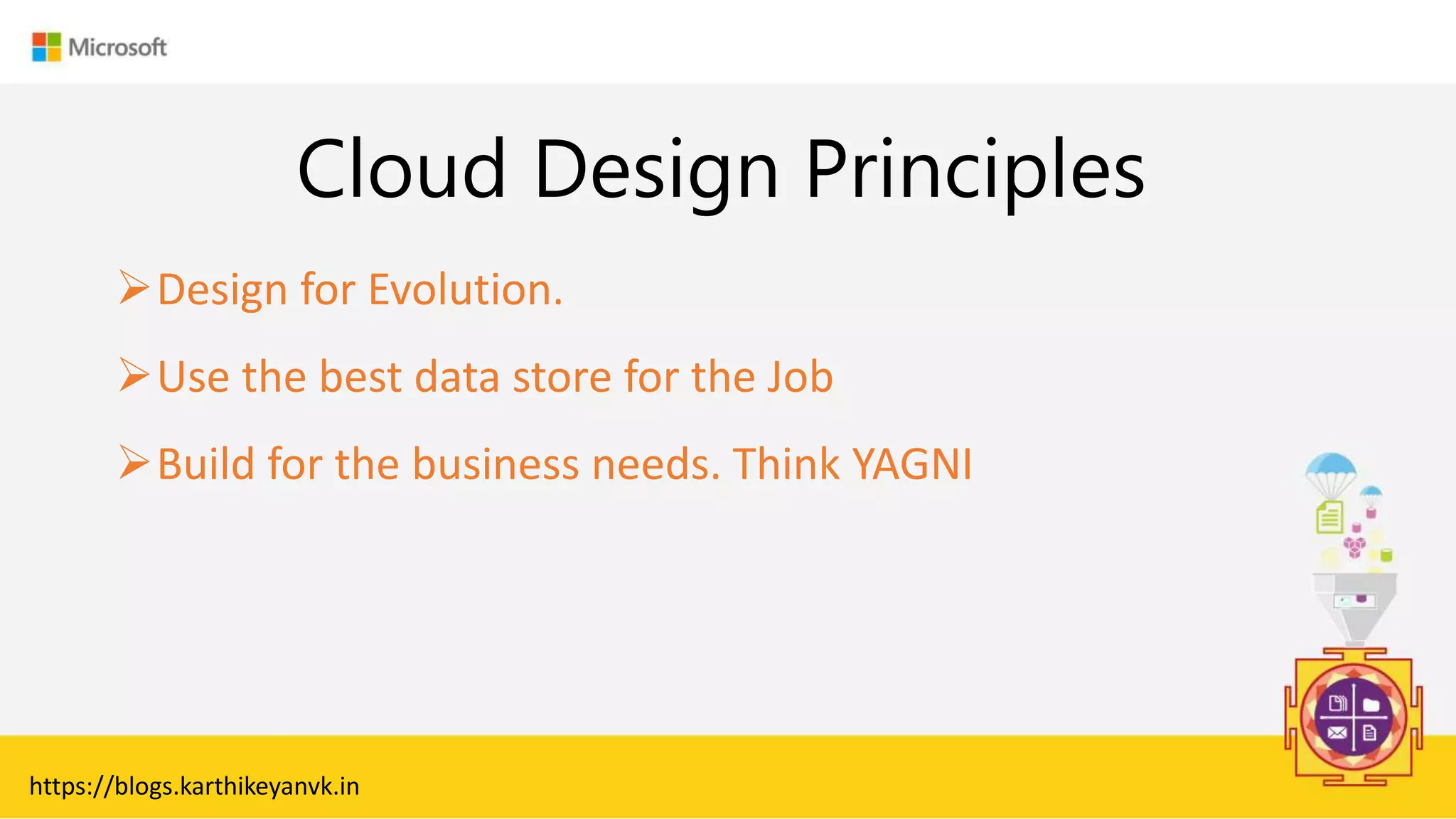 Enter Text
Cloud Design Principles
https://blogs.karthikeyanvk.in
Design for Evolution.
Use the best data store for the Job
Build for the business needs. Think YAGNI
 