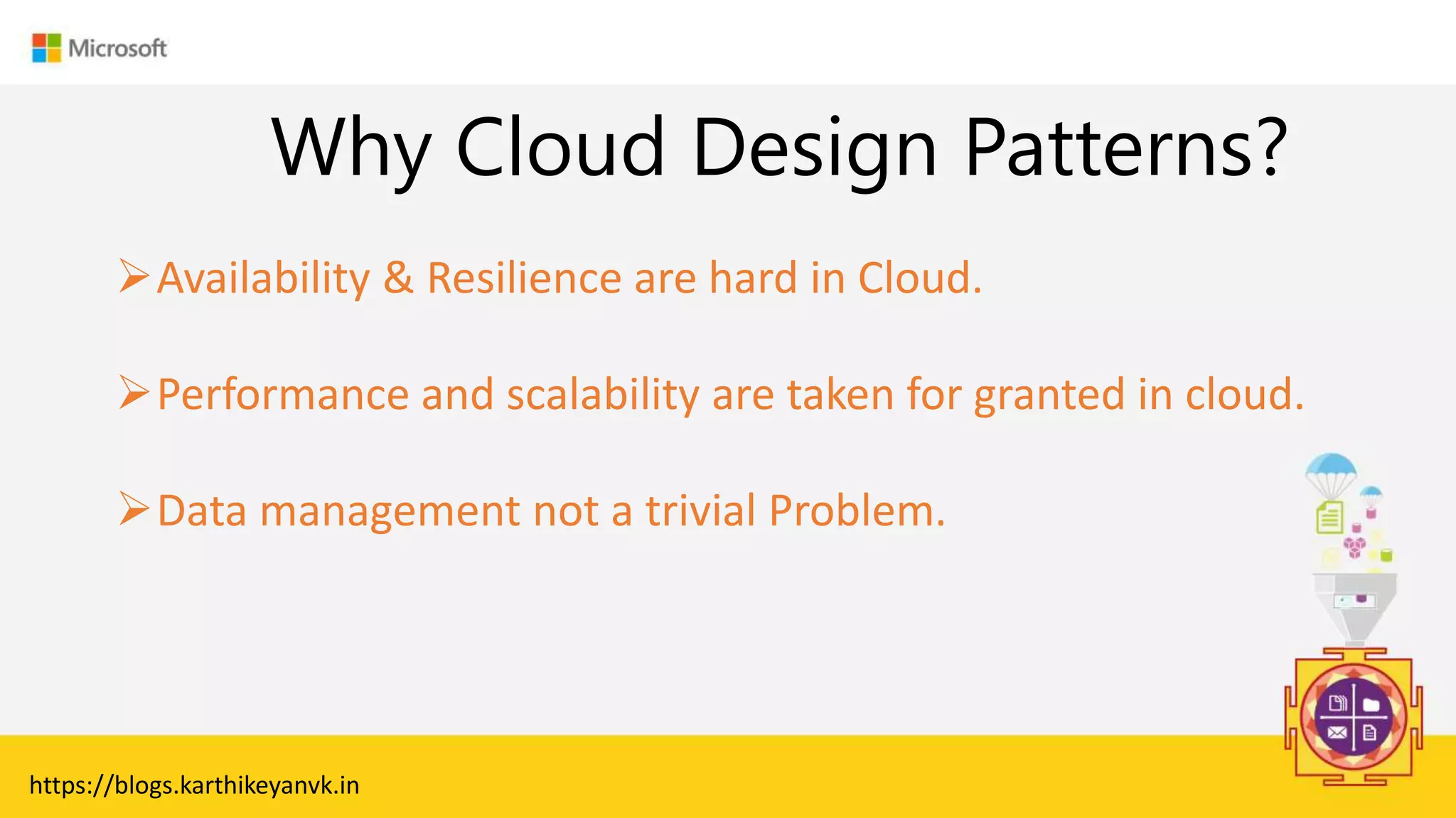 Enter Text
Why Cloud Design Patterns?
Availability & Resilience are hard in Cloud.
Performance and scalability are taken for granted in cloud.
Data management not a trivial Problem.
https://blogs.karthikeyanvk.in
 
