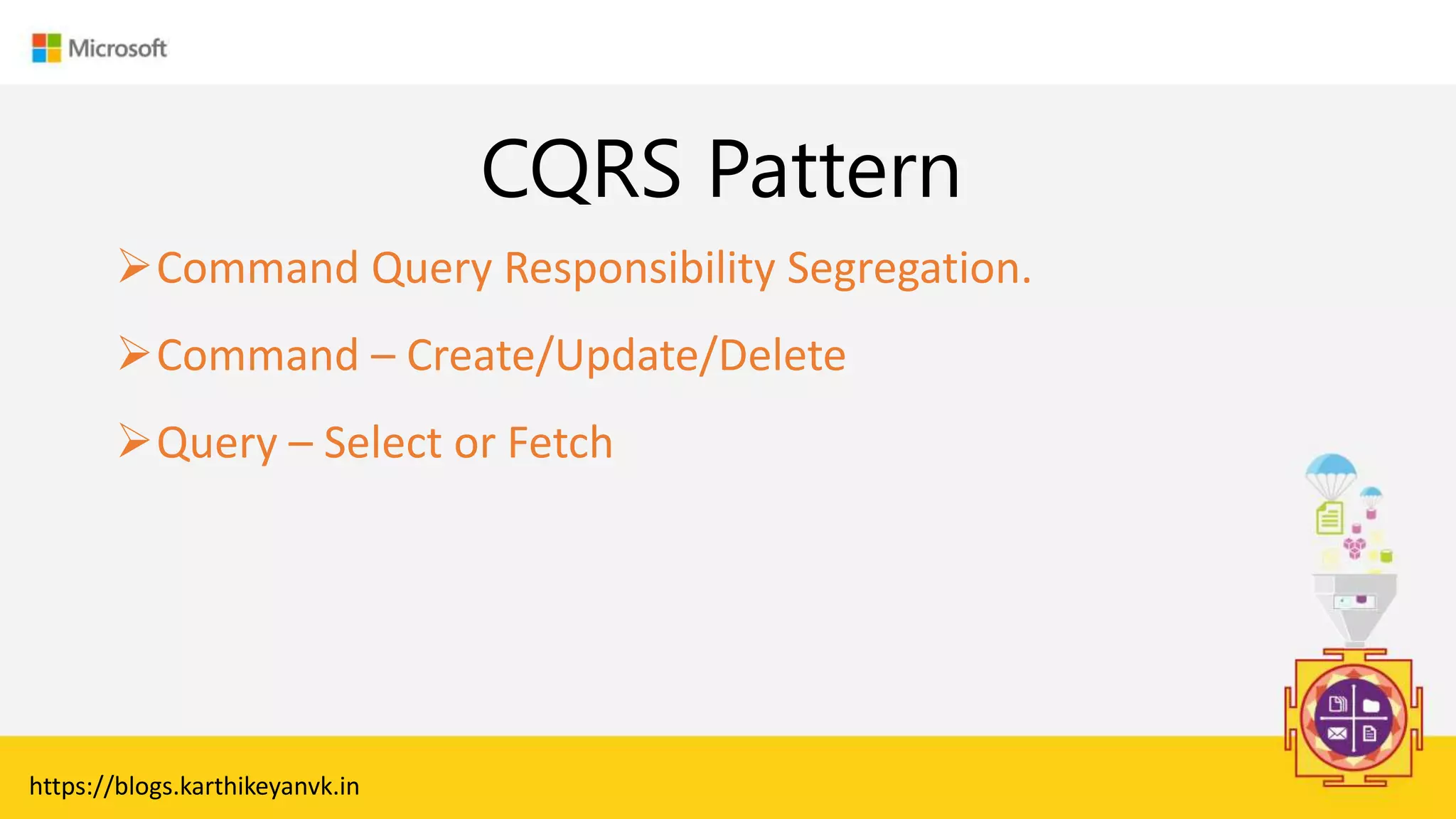 Enter Text
CQRS Pattern
Command Query Responsibility Segregation.
Command – Create/Update/Delete
Query – Select or Fetch
https://blogs.karthikeyanvk.in
 