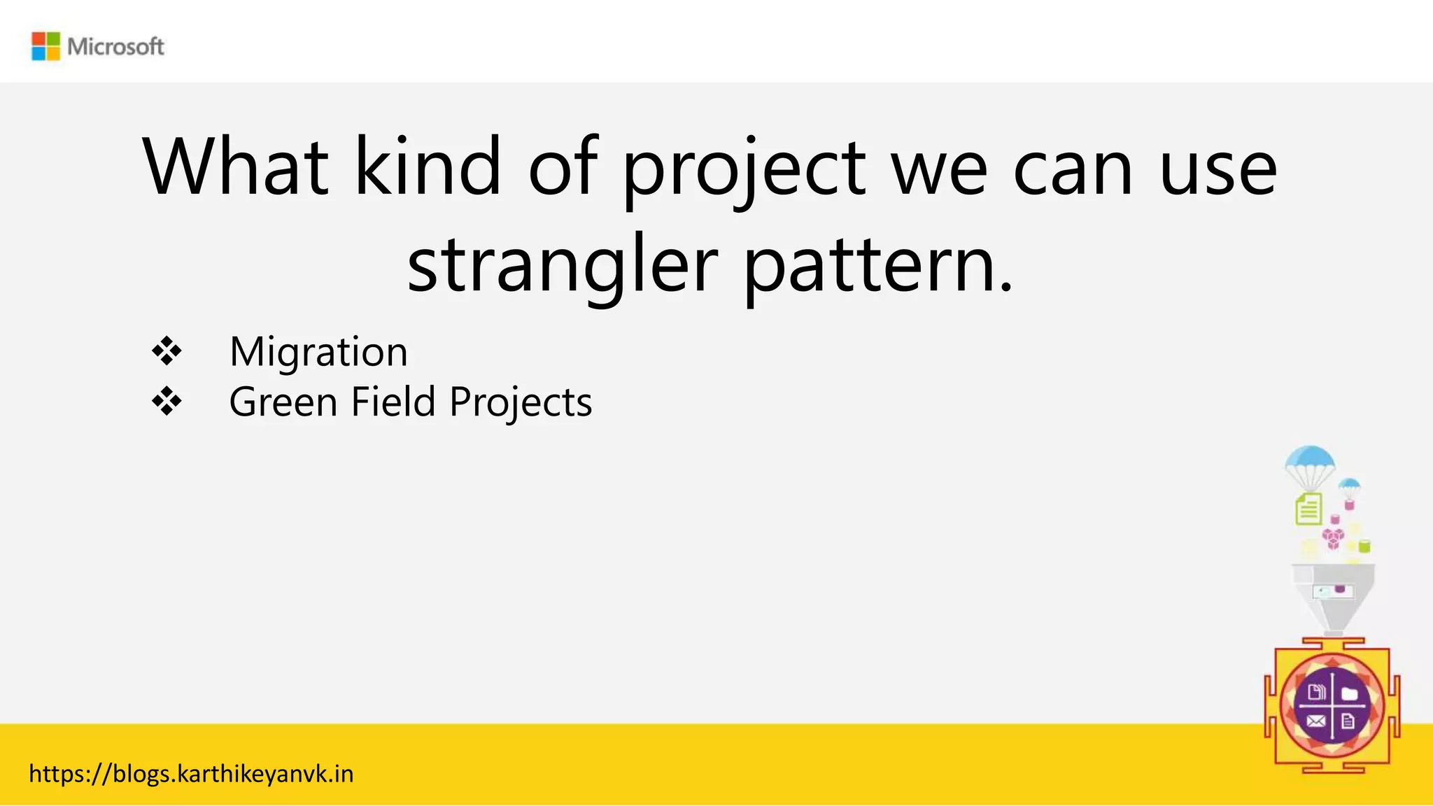 Enter Text
What kind of project we can use
strangler pattern.
https://blogs.karthikeyanvk.in
 Migration
 Green Field Projects
 