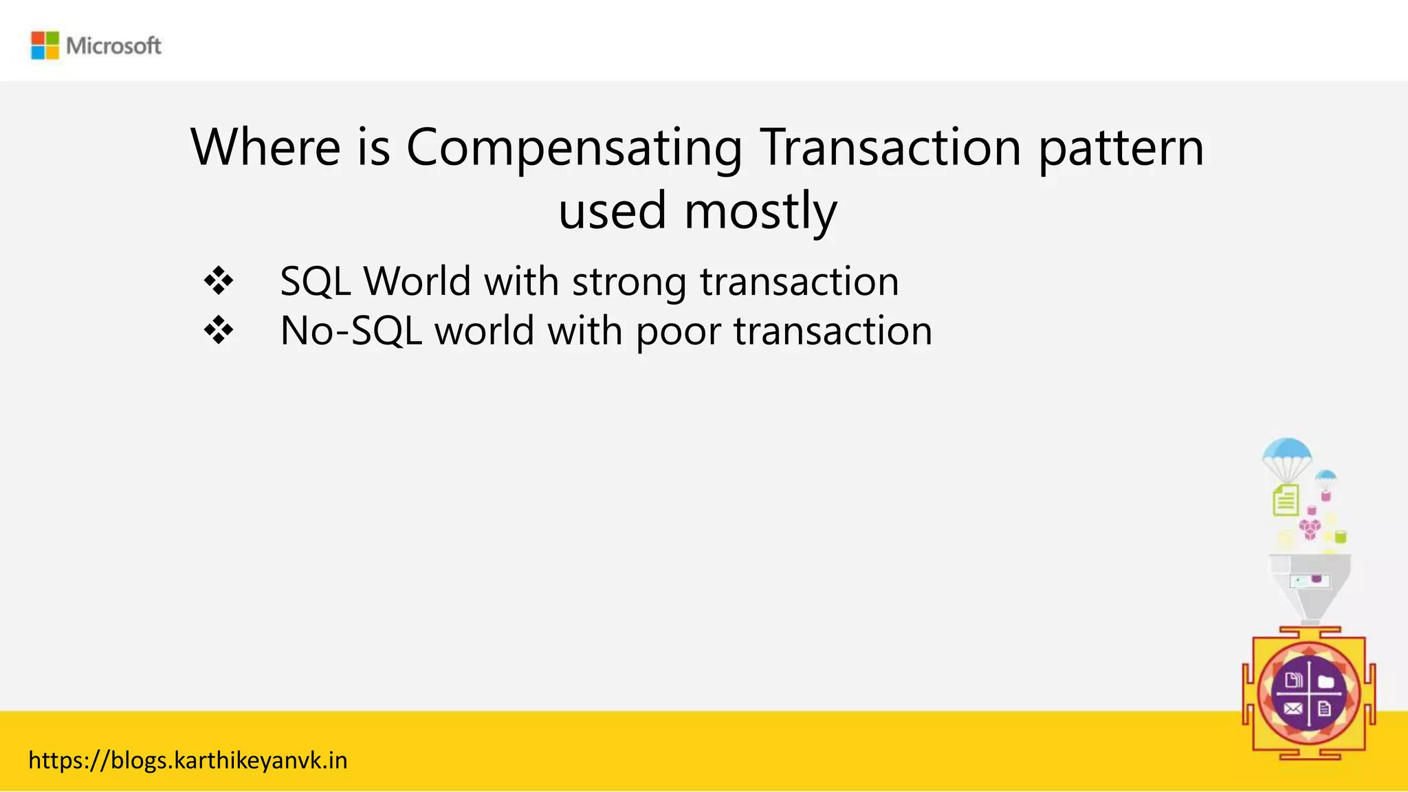 Enter Text
Where is Compensating Transaction pattern
used mostly
https://blogs.karthikeyanvk.in
 SQL World with strong transaction
 No-SQL world with poor transaction
 