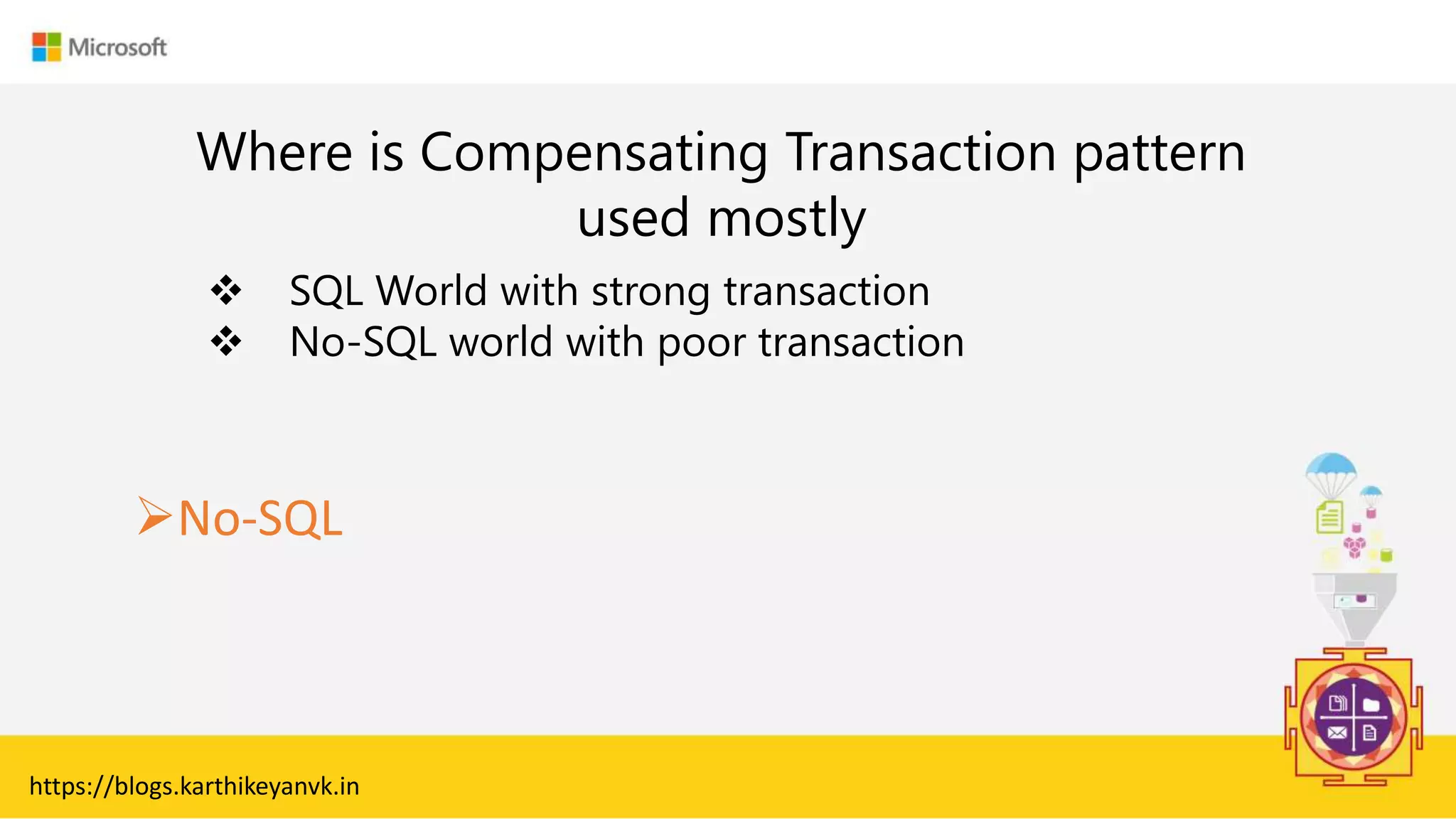 Enter Text
Where is Compensating Transaction pattern
used mostly
https://blogs.karthikeyanvk.in
 SQL World with strong transaction
 No-SQL world with poor transaction
No-SQL
 