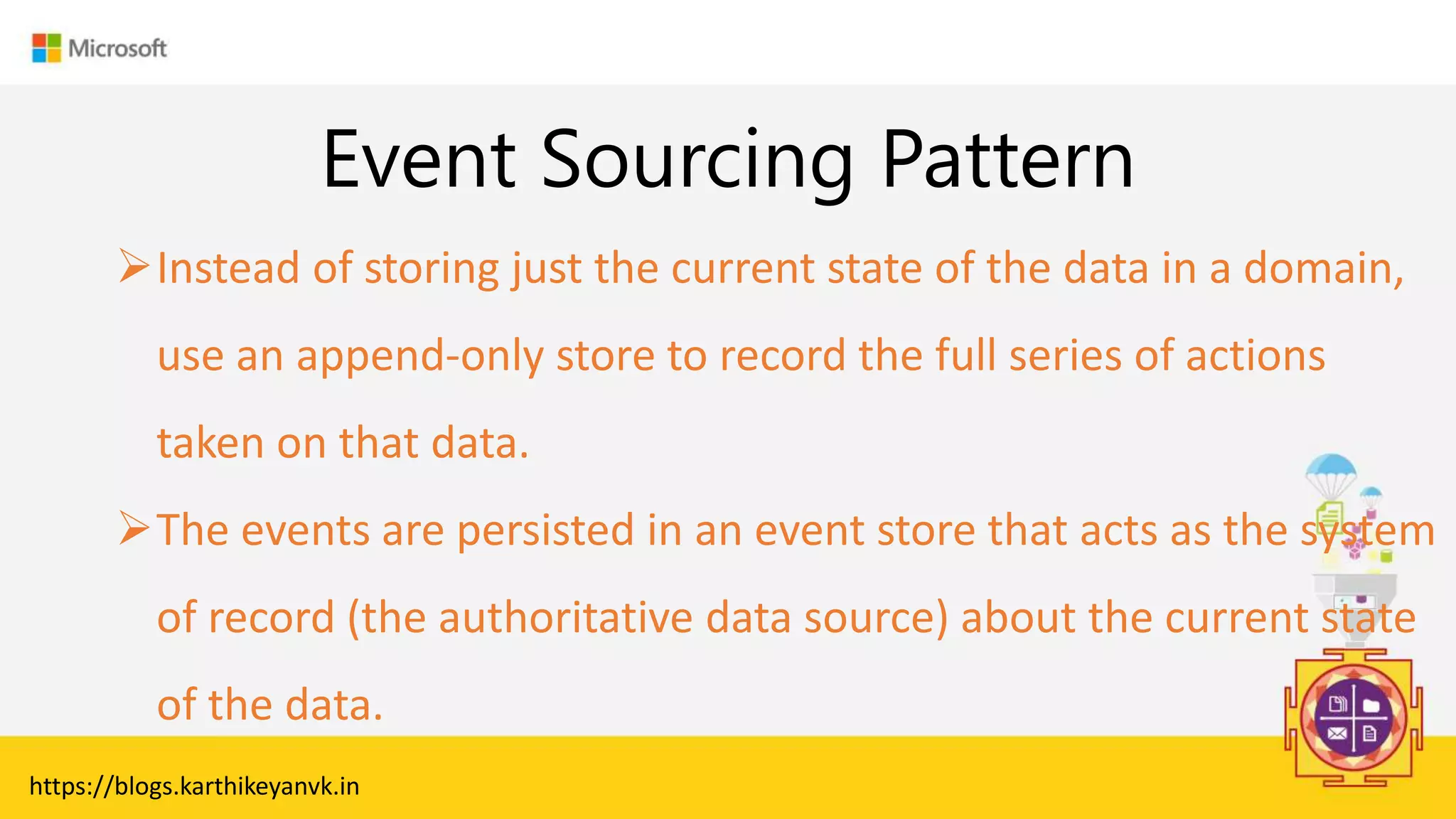Enter Text
Event Sourcing Pattern
https://blogs.karthikeyanvk.in
Instead of storing just the current state of the data in a domain,
use an append-only store to record the full series of actions
taken on that data.
The events are persisted in an event store that acts as the system
of record (the authoritative data source) about the current state
of the data.
 
