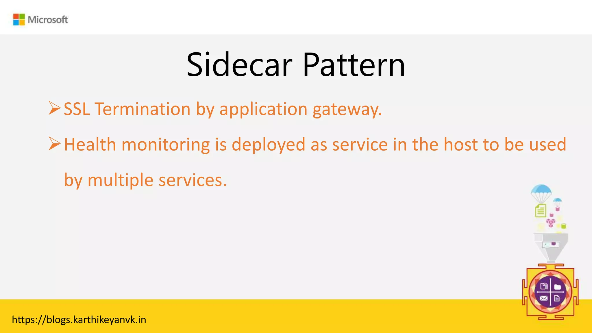Enter Text
Sidecar Pattern
https://blogs.karthikeyanvk.in
SSL Termination by application gateway.
Health monitoring is deployed as service in the host to be used
by multiple services.
 