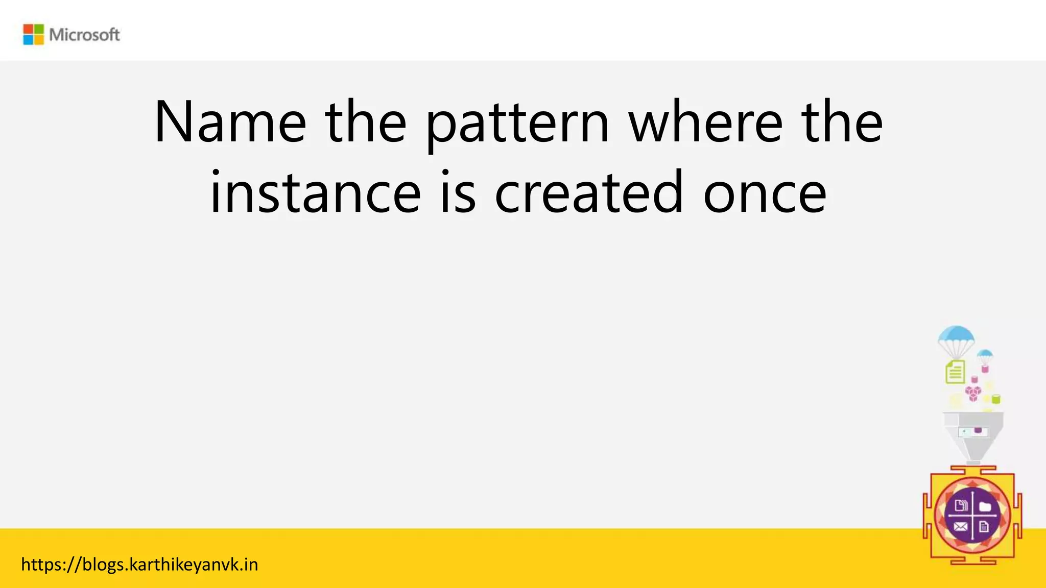 Enter Text
Name the pattern where the
instance is created once
https://blogs.karthikeyanvk.in
 