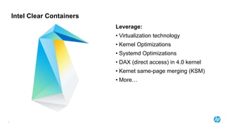 Intel Clear Containers
Leverage:
• Virtualization technology
• Kernel Optimizations
• Systemd Optimizations
• DAX (direct access) in 4.0 kernel
• Kernet same-page merging (KSM)
• More…
35
 