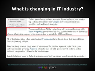 What is changing in IT industry?

http://timesofindia.indiatimes.com/tech/careers/job-trends/What-is-changing-IT-training-industry-in-India/articleshow/23035014.cms

 