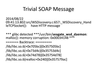 Trivial SOAP Message
2014/08/22
09:41:13.802:src/WSDiscovery.c:657:_WSDiscovery_Hand
leTCPSocket(): have HTTP message
*** glibc detected ***/usr/bin/seagate_wsd_daemon:
malloc(): memory corruption: 0x00034148 ***
======= Backtrace: =========
/lib/libc.so.6(+0x705bc)[0x357505bc]
/lib/libc.so.6(+0x73d4c)[0x35753d4c]
/lib/libc.so.6(+0x74d78)[0x35754d78]
/lib/libc.so.6(realloc+0x240)[0x357579ac]
 