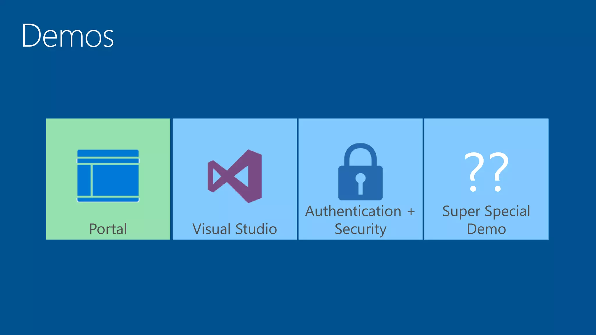 Portal Visual Studio
Authentication +
Security
Super Special
Demo
 