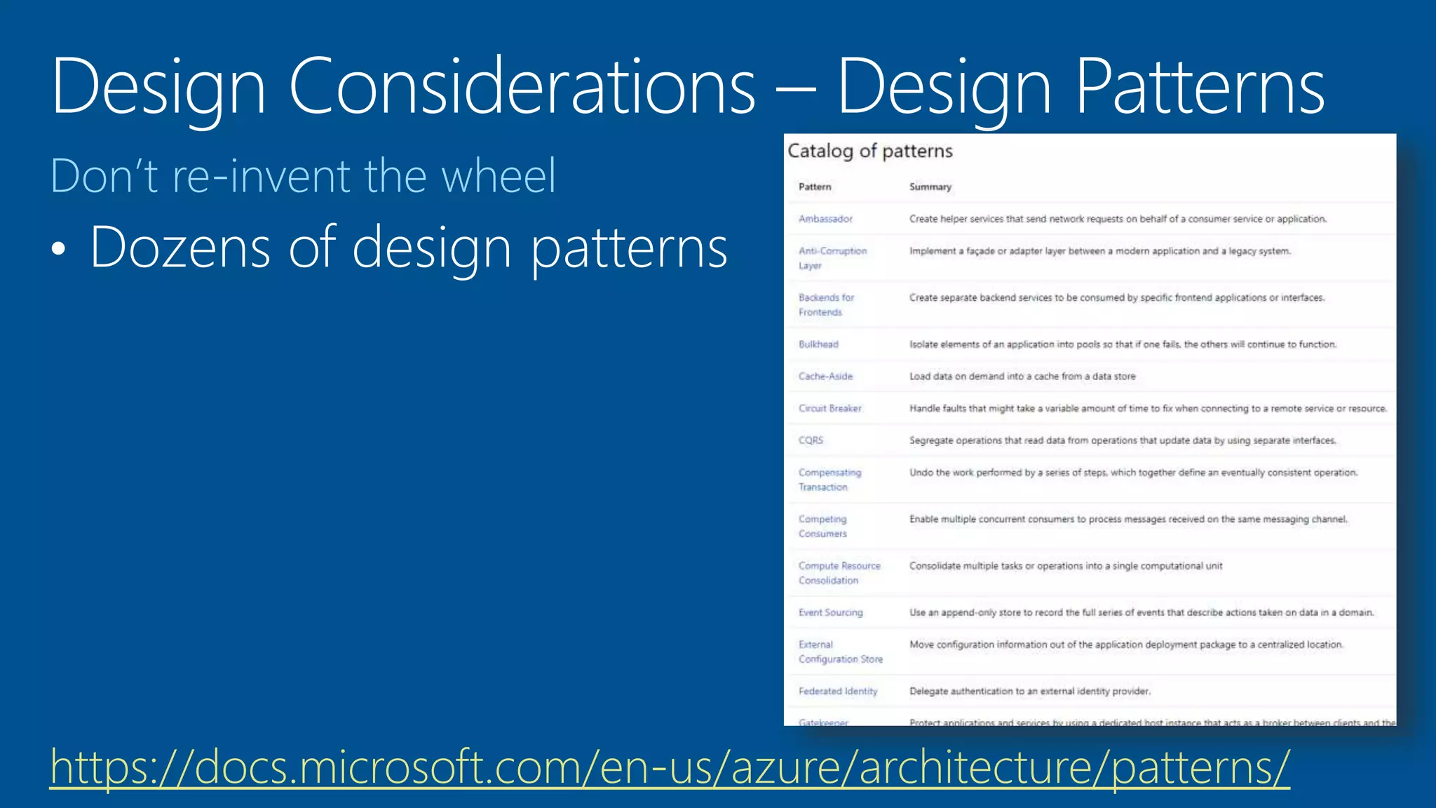 Don’t re-invent the wheel
https://docs.microsoft.com/en-us/azure/architecture/patterns/
 