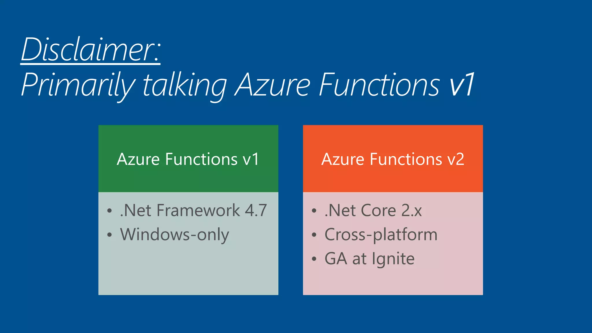 Azure Functions v1
• .Net Framework 4.7
• Windows-only
Azure Functions v2
• .Net Core 2.x
• Cross-platform
• GA at Ignite
 