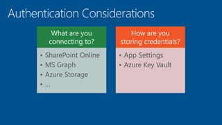 What are you
connecting to?
• SharePoint Online
• MS Graph
• Azure Storage
• …
How are you
storing credentials?
• App Settings
• Azure Key Vault
 
