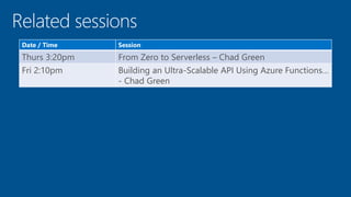 Date / Time Session
Thurs 3:20pm From Zero to Serverless – Chad Green
Fri 2:10pm Building an Ultra-Scalable API Using Azure Functions…
- Chad Green
 