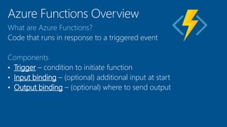 What are Azure Functions?
Code that runs in response to a triggered event
Components
• Trigger – condition to initiate function
• Input binding – (optional) additional input at start
• Output binding – (optional) where to send output
 