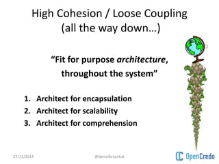 High Cohesion / Loose Coupling 
(all the way down…) 
“Fit for purpose architecture, 
throughout the system” 
1. Architect for encapsulation 
2. Architect for scalability 
3. Architect for comprehension 
27/11/2014 @danielbryantuk 
 