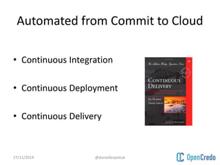 Automated from Commit to Cloud 
• Continuous Integration 
• Continuous Deployment 
• Continuous Delivery 
27/11/2014 @danielbryantuk 
 