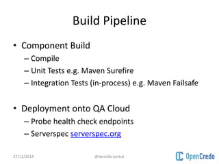 Build Pipeline 
• Component Build 
– Compile 
– Unit Tests e.g. Maven Surefire 
– Integration Tests (in-process) e.g. Maven Failsafe 
• Deployment onto QA Cloud 
– Probe health check endpoints 
– Serverspec serverspec.org 
27/11/2014 @danielbryantuk 
 