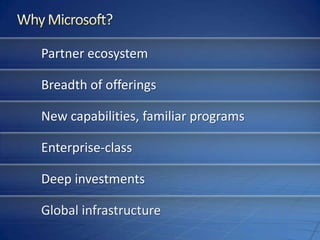 Why Microsoft?Partner ecosystemBreadth of offeringsNew capabilities, familiar programsEnterprise-classDeep investmentsGlobal infrastructure