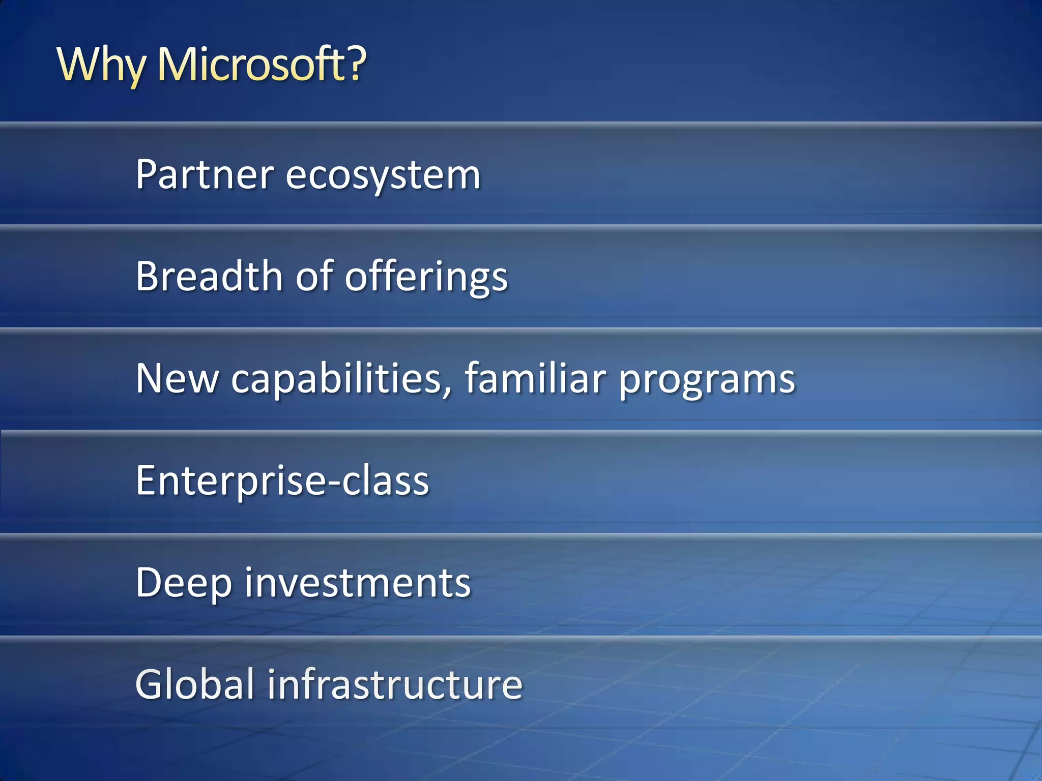 Why Microsoft?Partner ecosystemBreadth of offeringsNew capabilities, familiar programsEnterprise-classDeep investmentsGlobal infrastructure