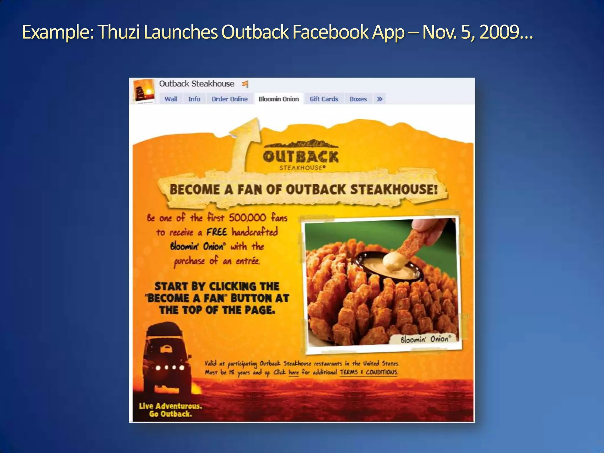 Example: Thuzi Launches Outback Facebook App – Nov. 5, 2009…