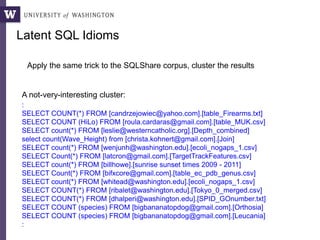 :
SELECT COUNT(*) FROM [candrzejowiec@yahoo.com].[table_Firearms.txt]
SELECT COUNT (HiLo) FROM [roula.cardaras@gmail.com].[table_MUK.csv]
SELECT count(*) FROM [leslie@westerncatholic.org].[Depth_combined]
select count(Wave_Height) from [christa.kohnert@gmail.com].[Join]
SELECT count(*) FROM [wenjunh@washington.edu].[ecoli_nogaps_1.csv]
SELECT Count(*) FROM [latcron@gmail.com].[TargetTrackFeatures.csv]
SELECT count(*) FROM [billhowe].[sunrise sunset times 2009 - 2011]
SELECT Count(*) FROM [bifxcore@gmail.com].[table_ec_pdb_genus.csv]
SELECT count(*) FROM [whitead@washington.edu].[ecoli_nogaps_1.csv]
SELECT COUNT(*) FROM [ribalet@washington.edu].[Tokyo_0_merged.csv]
SELECT COUNT(*) FROM [dhalperi@washington.edu].[SPID_GOnumber.txt]
SELECT COUNT (species) FROM [bigbananatopdog@gmail.com].[Orthosia]
SELECT COUNT (species) FROM [bigbananatopdog@gmail.com].[Leucania]
:
Apply the same trick to the SQLShare corpus, cluster the results
A not-very-interesting cluster:
Latent SQL Idioms
 
