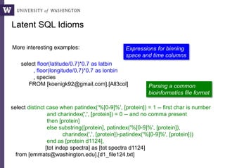 Latent SQL Idioms
More interesting examples:
select floor(latitude/0.7)*0.7 as latbin
, floor(longitude/0.7)*0.7 as lonbin
, species
FROM [koenigk92@gmail.com].[All3col]
select distinct case when patindex('%[0-9]%', [protein]) = 1 -- first char is number
and charindex(',', [protein]) = 0 -- and no comma present
then [protein]
else substring([protein], patindex('%[0-9]%', [protein]),
charindex(',', [protein])-patindex('%[0-9]%', [protein]))
end as [protein d1124],
[tot indep spectra] as [tot spectra d1124]
from [emmats@washington.edu].[d1_file124.txt]
Parsing a common
bioinformatics file format
Expressions for binning
space and time columns
 