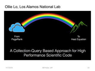 11/1/2016 Bill Howe, UW 33
Ollie Lo, Los Alamos National Lab
 