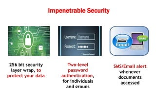 Impenetrable Security
256 bit security
layer wrap, to
protect your data
Two-level
password
authentication,
for individuals
SMS/Email alert
whenever
documents
accessed
 