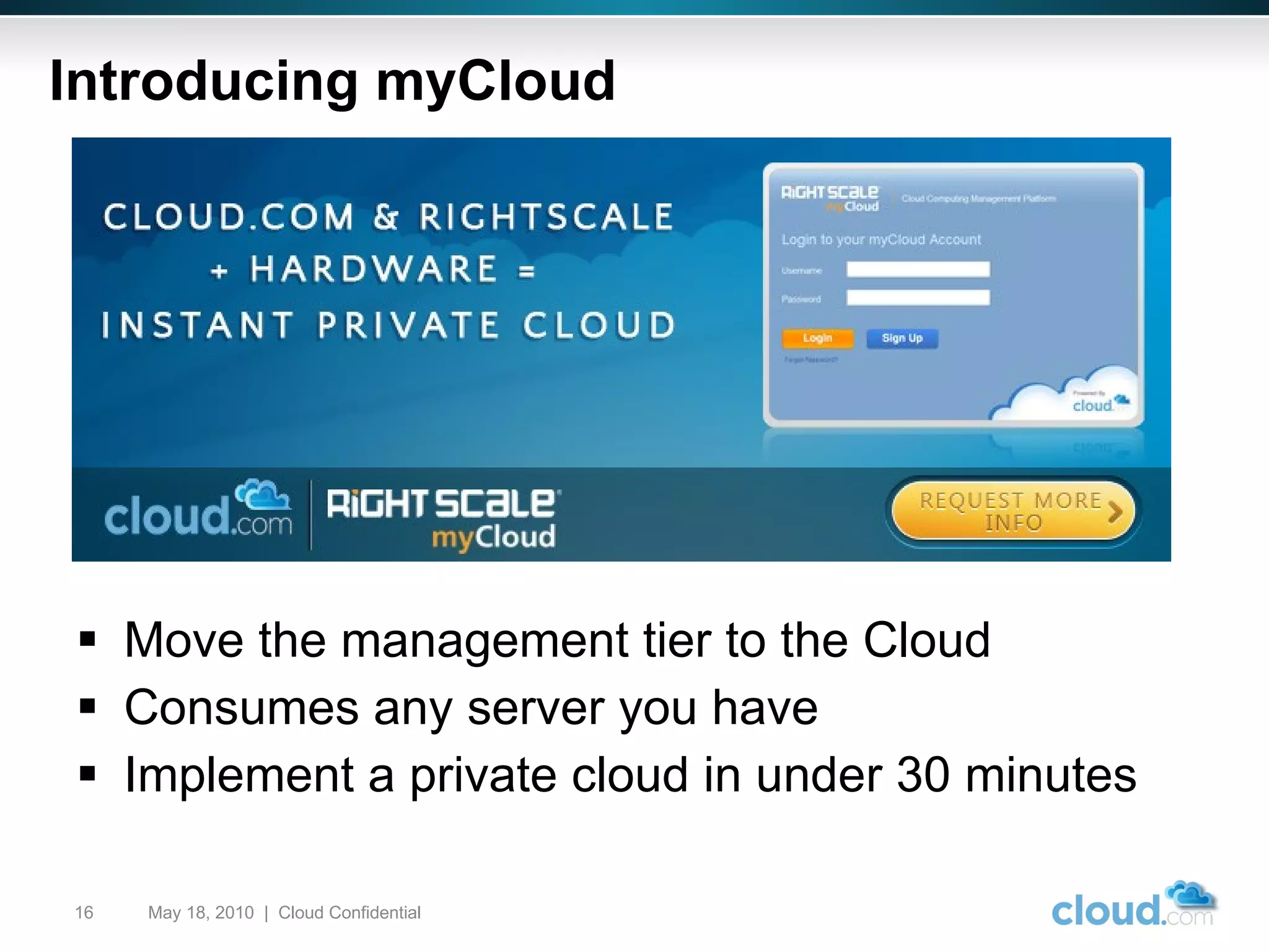 Introducing myCloud Move the management tier to the Cloud Consumes any server you have Implement a private cloud in under 30 minutes May 18, 2010  |  Cloud Confidential  
