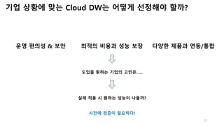 12
기업 상황에 맞는 Cloud DW는 어떻게 선정해야 할까?
운영 편의성 & 보안 최적의 비용과 성능 보장 다양한 제품과 연동/통합
도입을 원하는 기업의 고민은…..
실제 적용 시 원하는 성능이 나올까?
사전에 검증...