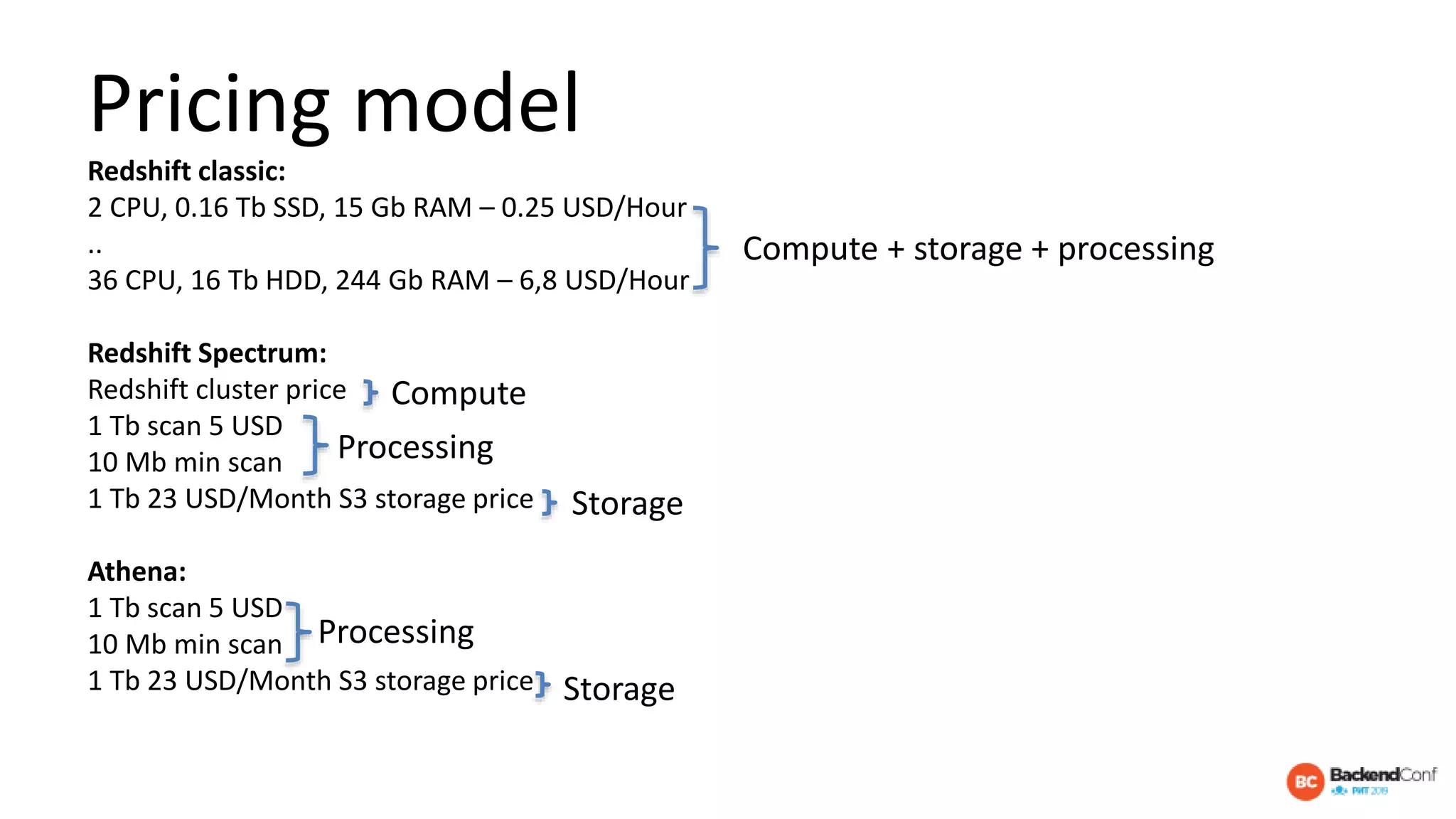 Pricing model
Redshift classic:
2 CPU, 0.16 Tb SSD, 15 Gb RAM – 0.25 USD/Hour
..
36 CPU, 16 Tb HDD, 244 Gb RAM – 6,8 USD/Hour
Redshift Spectrum:
Redshift cluster price
1 Tb scan 5 USD
10 Mb min scan
1 Tb 23 USD/Month S3 storage price
Athena:
1 Tb scan 5 USD
10 Mb min scan
1 Tb 23 USD/Month S3 storage price
Compute + storage + processing
Compute
Storage
Processing
Processing
Storage
 