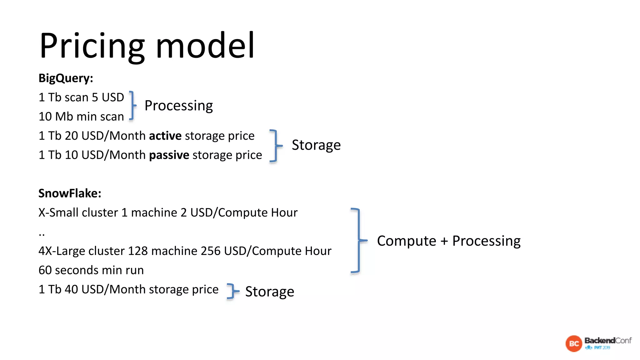 Pricing model
BigQuery:
1 Tb scan 5 USD
10 Mb min scan
1 Tb 20 USD/Month active storage price
1 Tb 10 USD/Month passive storage price
SnowFlake:
X-Small cluster 1 machine 2 USD/Compute Hour
..
4X-Large cluster 128 machine 256 USD/Compute Hour
60 seconds min run
1 Tb 40 USD/Month storage price
Storage
Processing
Compute + Processing
Storage
 