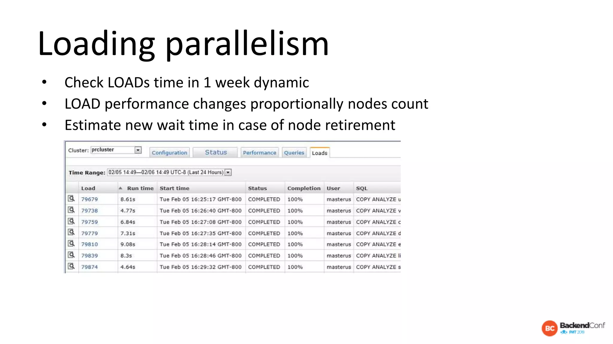Loading parallelism
• Check LOADs time in 1 week dynamic
• LOAD performance changes proportionally nodes count
• Estimate new wait time in case of node retirement
 