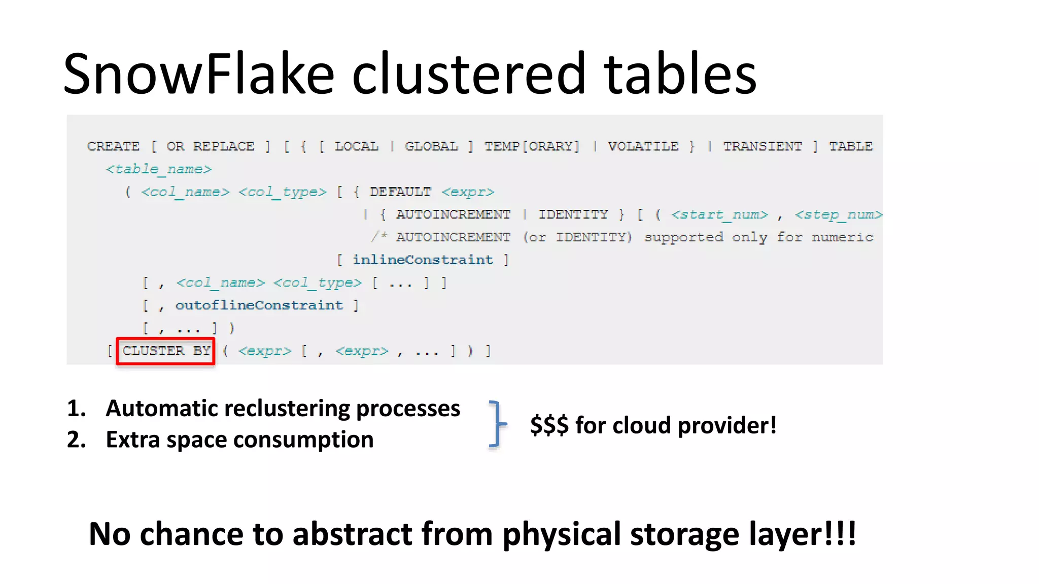 SnowFlake clustered tables
1. Automatic reclustering processes
2. Extra space consumption
No chance to abstract from physical storage layer!!!
$$$ for cloud provider!
 