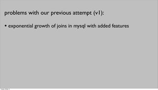 • exponential growth of joins in mysql with added features
problems with our previous attempt (v1):
Tuesday, 28 May 13
 