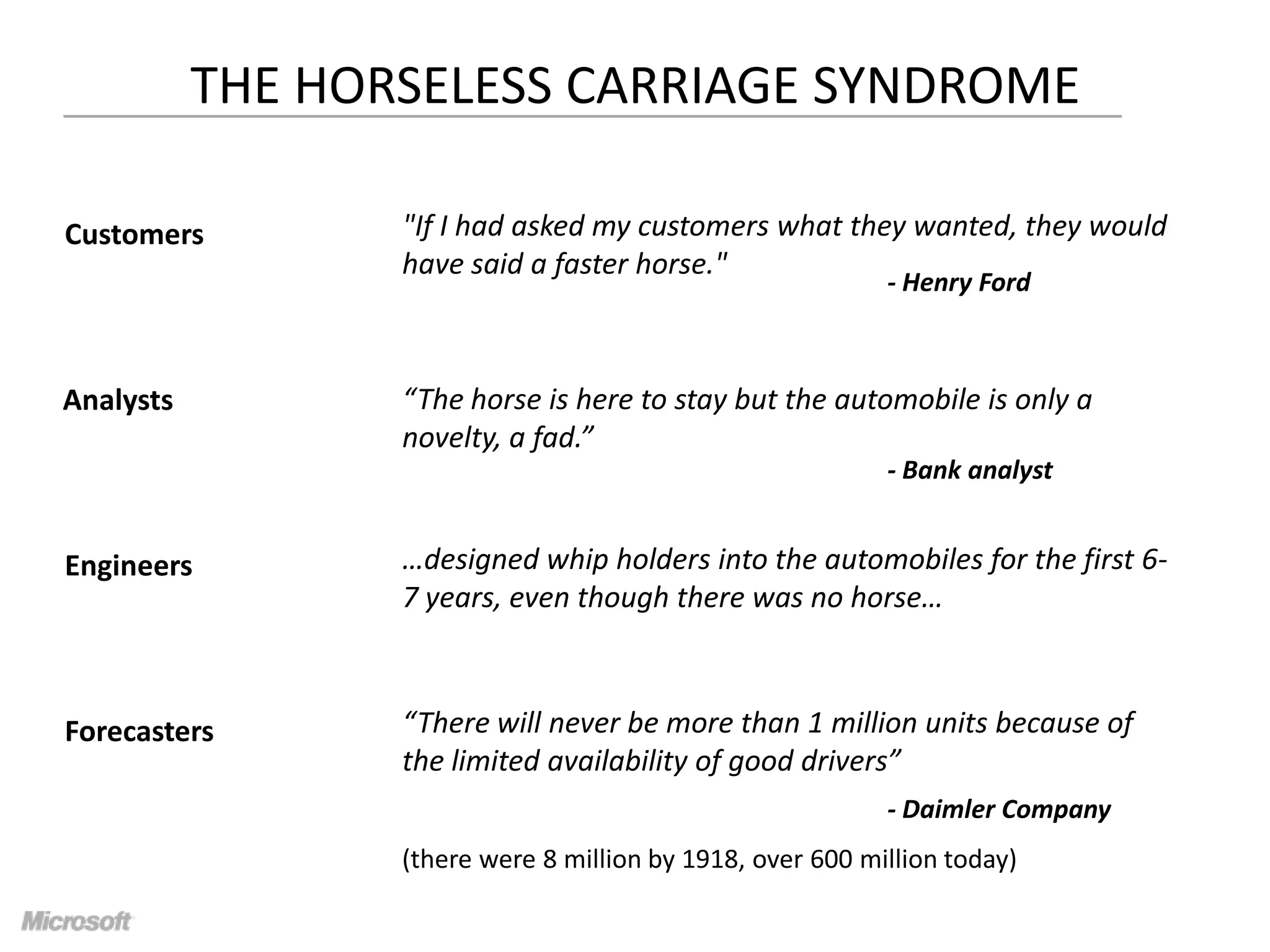 THE HORSELESS CARRIAGE SYNDROME
Customers

"If I had asked my customers what they wanted, they would
have said a faster horse."
- Henry Ford

Analysts

“The horse is here to stay but the automobile is only a
novelty, a fad.”
- Bank analyst

Engineers

…designed whip holders into the automobiles for the first 67 years, even though there was no horse…

Forecasters

“There will never be more than 1 million units because of
the limited availability of good drivers”
- Daimler Company
(there were 8 million by 1918, over 600 million today)

 