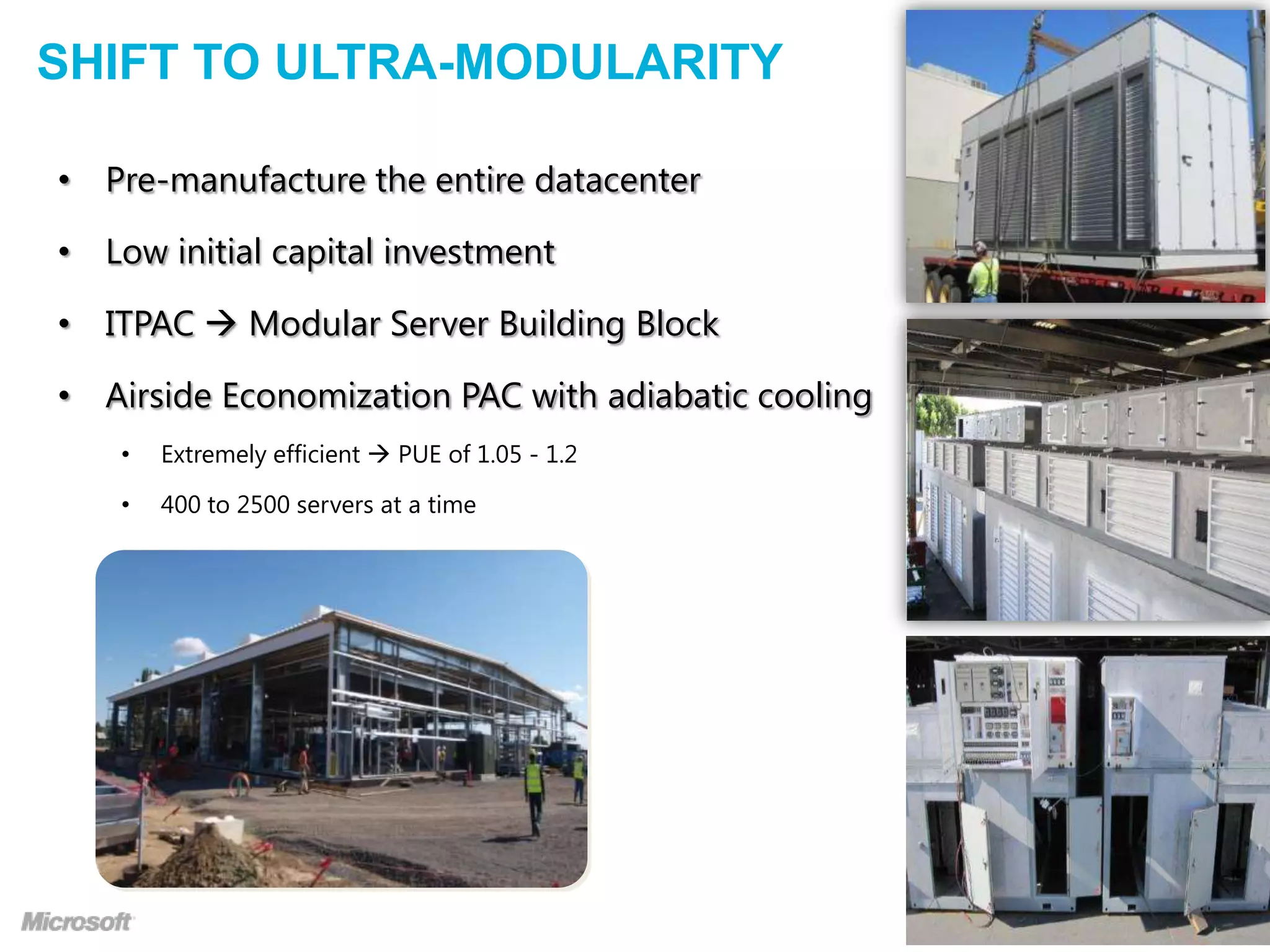 SHIFT TO ULTRA-MODULARITY
• Pre-manufacture the entire datacenter
• Low initial capital investment
• ITPAC  Modular Server Building Block
• Airside Economization PAC with adiabatic cooling
•

Extremely efficient  PUE of 1.05 - 1.2

•

400 to 2500 servers at a time

 