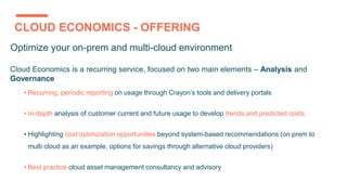 CLOUD ECONOMICS - OFFERING
• Recurring, periodic reporting on usage through Crayon’s tools and delivery portals
• In-depth analysis of customer current and future usage to develop trends and predicted costs
• Highlighting cost optimization opportunities beyond system-based recommendations (on prem to
multi cloud as an example, options for savings through alternative cloud providers)
• Best practice cloud asset management consultancy and advisory
Cloud Economics is a recurring service, focused on two main elements – Analysis and
Governance
Optimize your on-prem and multi-cloud environment
 