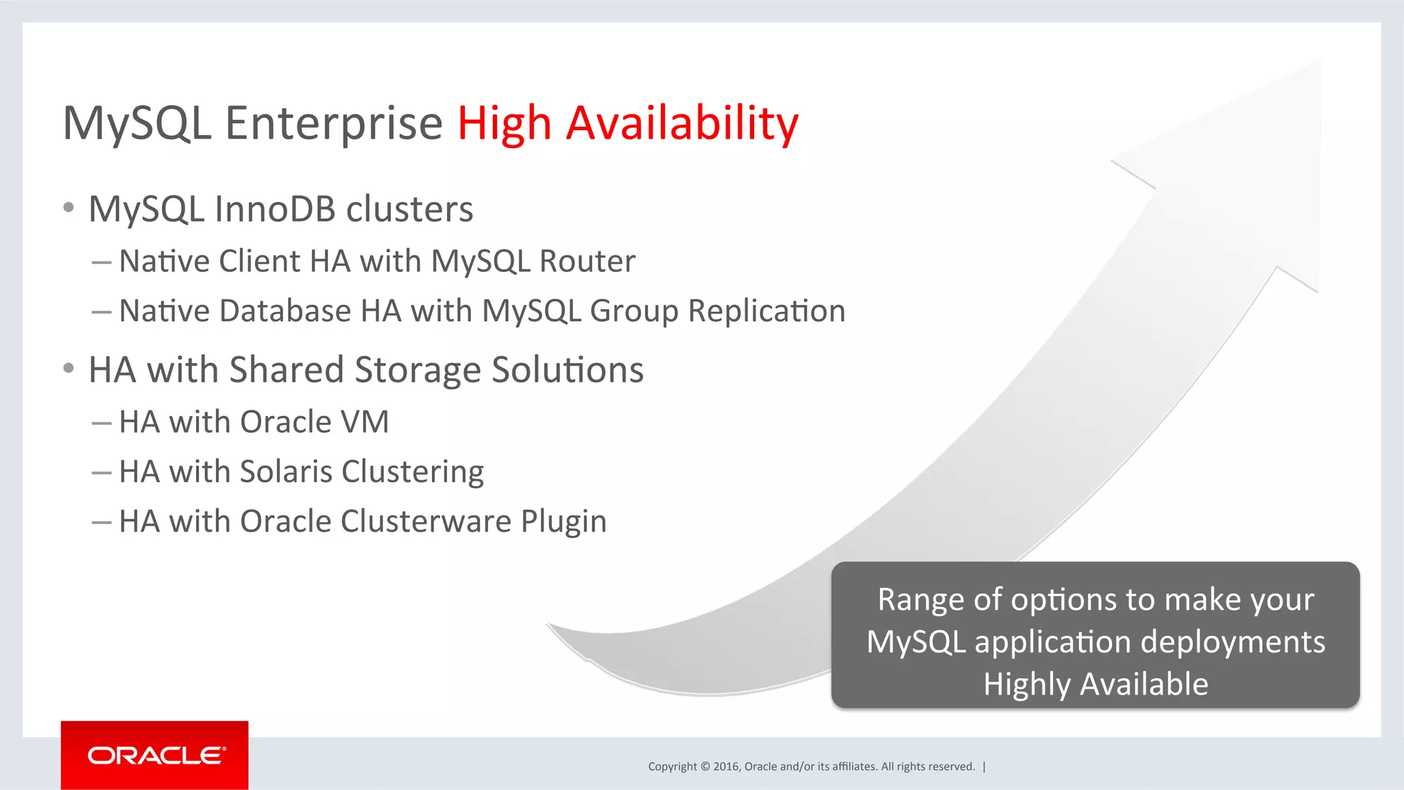 Copyright	©	2016,	Oracle	and/or	its	aﬃliates.	All	rights	reserved.		|	
MySQL	Enterprise	High	Availability	
•  MySQL	InnoDB	clusters	
– NaMve	Client	HA	with	MySQL	Router	
– NaMve	Database	HA	with	MySQL	Group	ReplicaMon	
•  HA	with	Shared	Storage	SoluMons	
– HA	with	Oracle	VM	
– HA	with	Solaris	Clustering	
– HA	with	Oracle	Clusterware	Plugin	
	
Range	of	opMons	to	make	your	
MySQL	applicaMon	deployments	
Highly	Available	
 