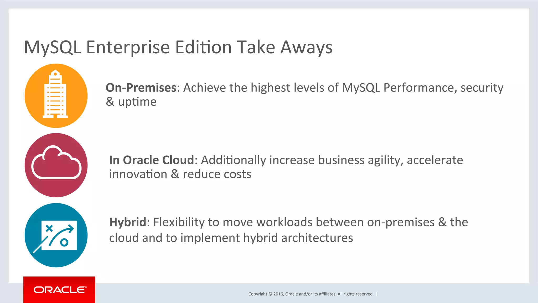 Copyright	©	2016,	Oracle	and/or	its	aﬃliates.	All	rights	reserved.		|	
MySQL	Enterprise	EdiMon	Take	Aways	
On-Premises:	Achieve	the	highest	levels	of	MySQL	Performance,	security	
&	upMme	
In	Oracle	Cloud:	AddiMonally	increase	business	agility,	accelerate	
innovaMon	&	reduce	costs	
Hybrid:	Flexibility	to	move	workloads	between	on-premises	&	the	
cloud	and	to	implement	hybrid	architectures	
 
