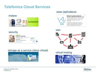 Telefonica Cloud Services
saas (aplicateca)
mstore

security

storage as a service (disco virtual)

vlan

virtual hosting

 